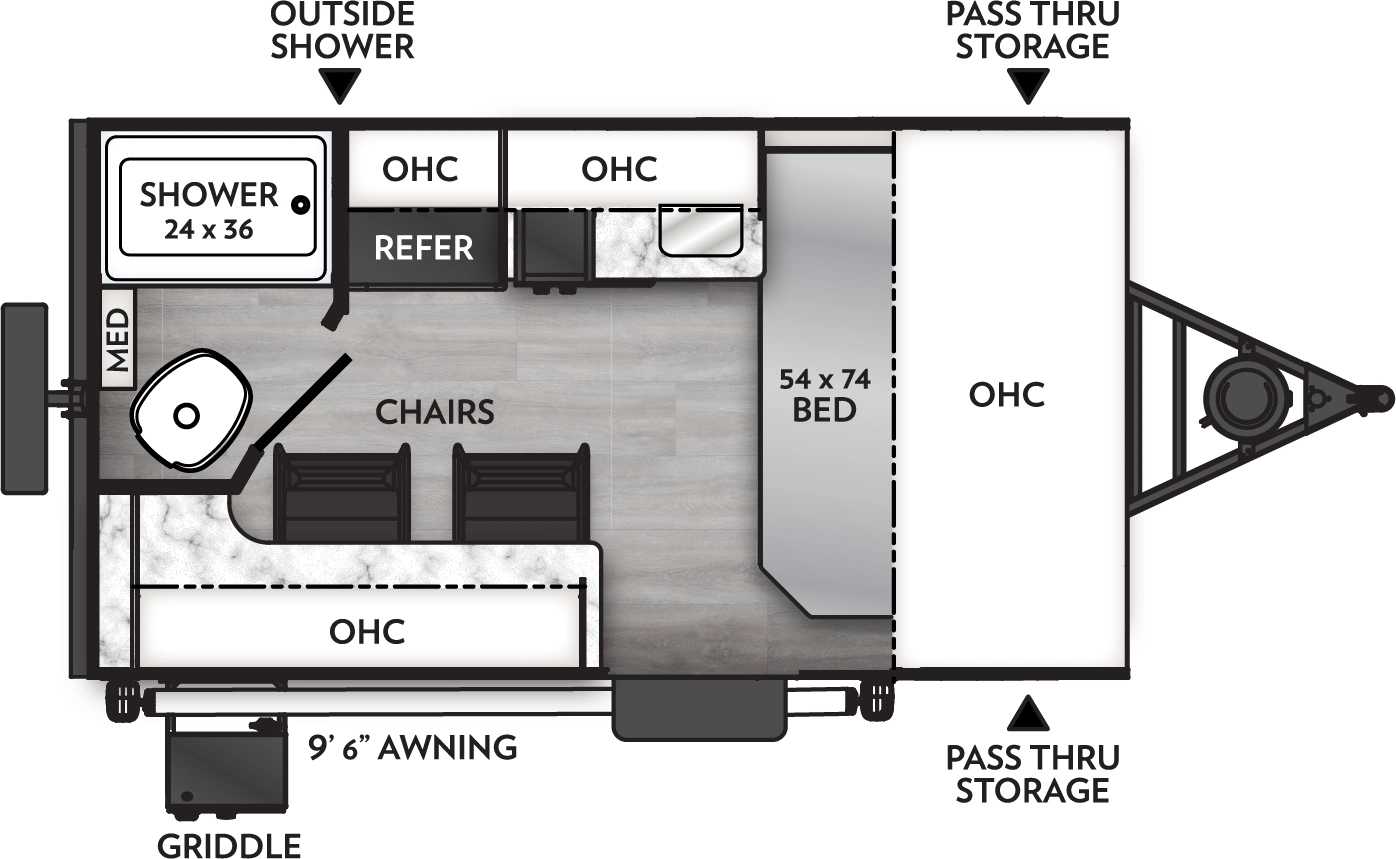 The Remote 12R floorplan has one entry and zero slide outs. Exterior features include: fiberglass exterior and 9'6" awning. Interiors features include: front bedroom.
